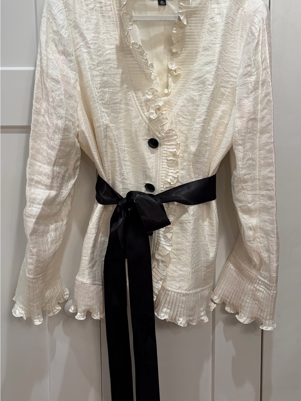 Adrianna Papell Cream Blouse with Pleated Sleeves and Hem & Black Satin Bow Tie